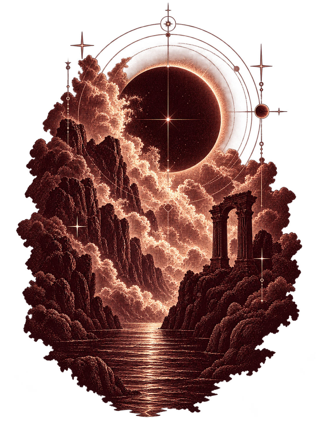Eclipse above a classical landscape
